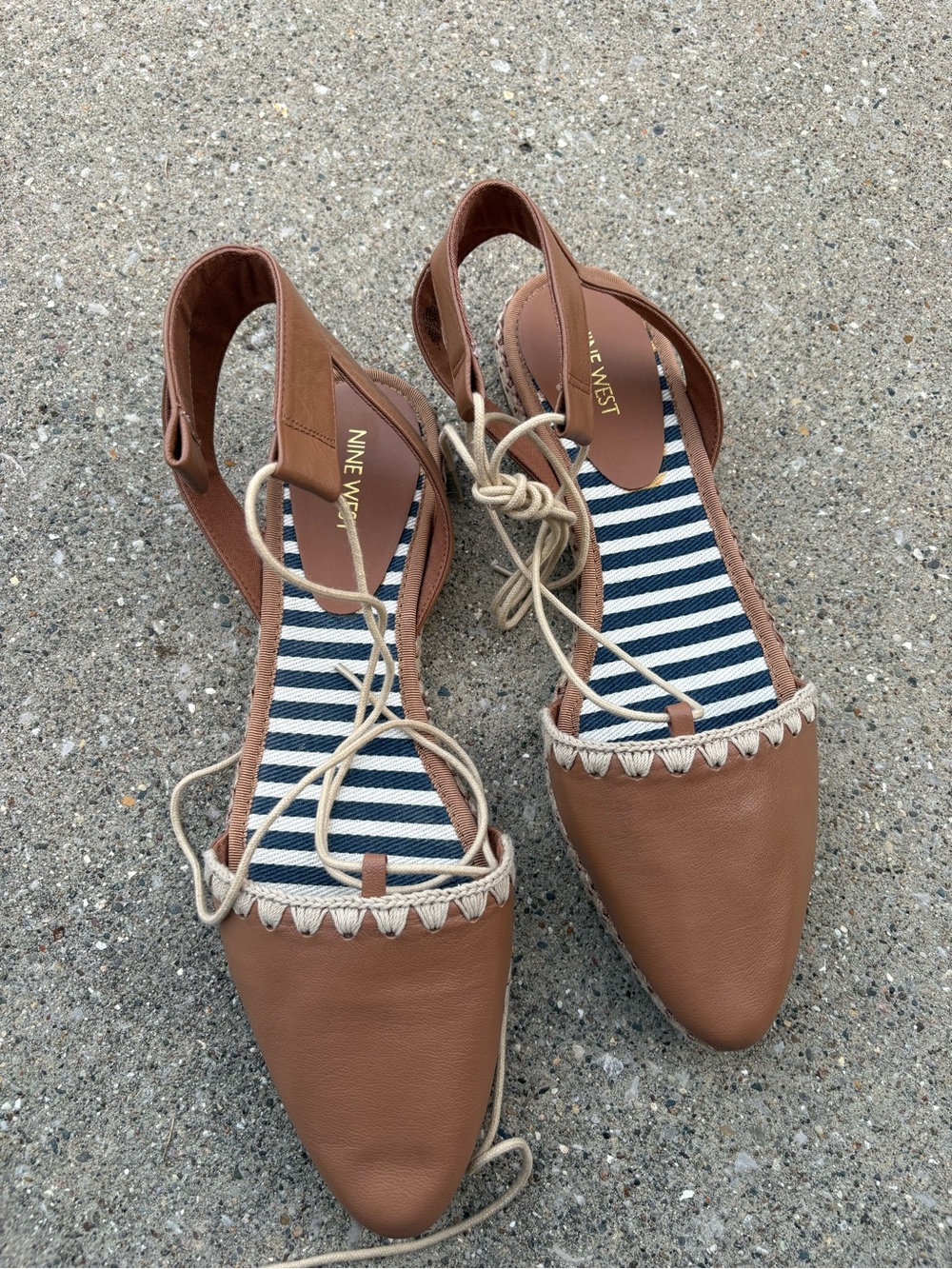 Nine West Unah Tan Leather Lace Up Pointed Toe Espadrille Flats Size 12M NWOB